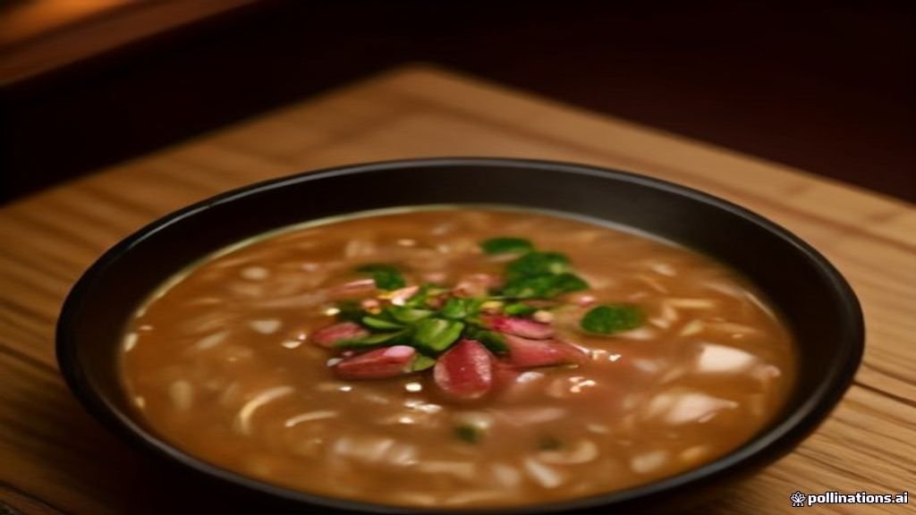 Piring saji berisi rujak cingur otentik khas kuliner Jawa Timur dengan bumbu petis hitam gurih.