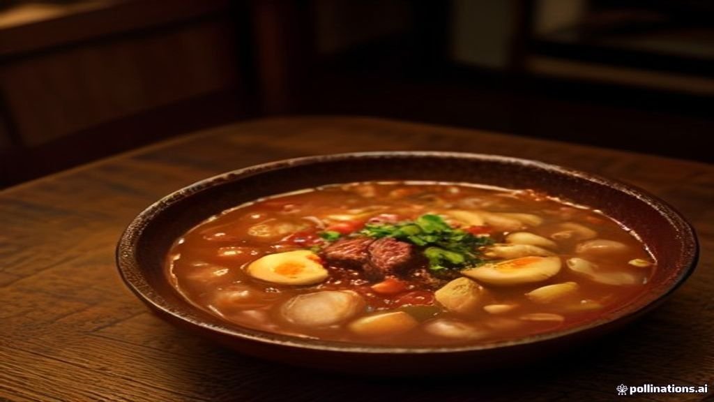 Piring saji berisi rawon daging sapi hitam pekat khas kuliner Jawa Timur dengan tauge pendek dan sambal terasi.